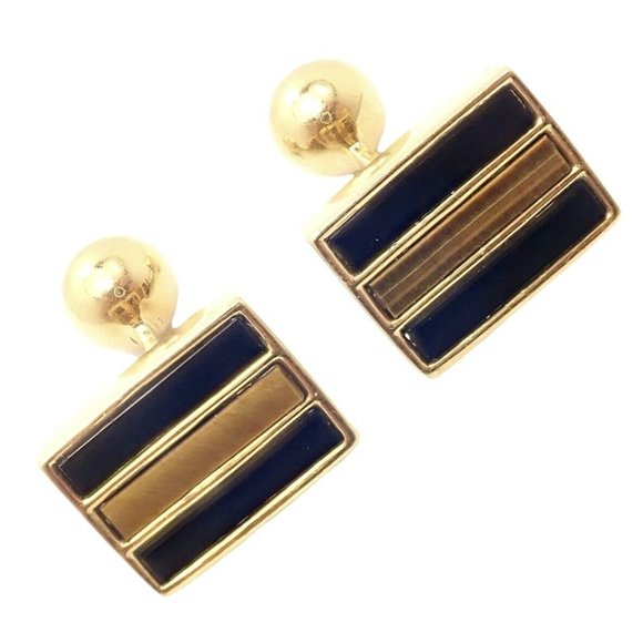 Rare Vintage Tiffany & Co. 18k Yellow Gold Classic Onyx Tiger Eye Cufflinks - Picture 1 of 12